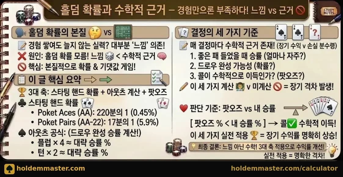 홀덤 확률과 수학적 근거 — 느낌 vs 근거 핵심 요약 인포그래픽
