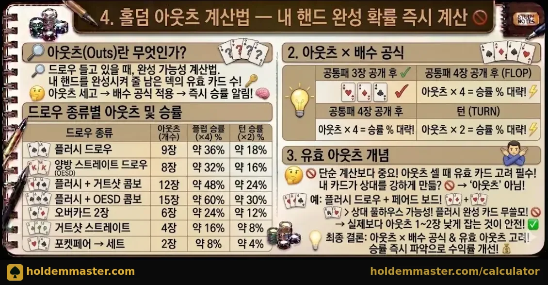 홀덤 아웃츠 계산법 — 드로우 종류별 아웃츠·배수 공식·유효 아웃츠 개념 인포그래픽