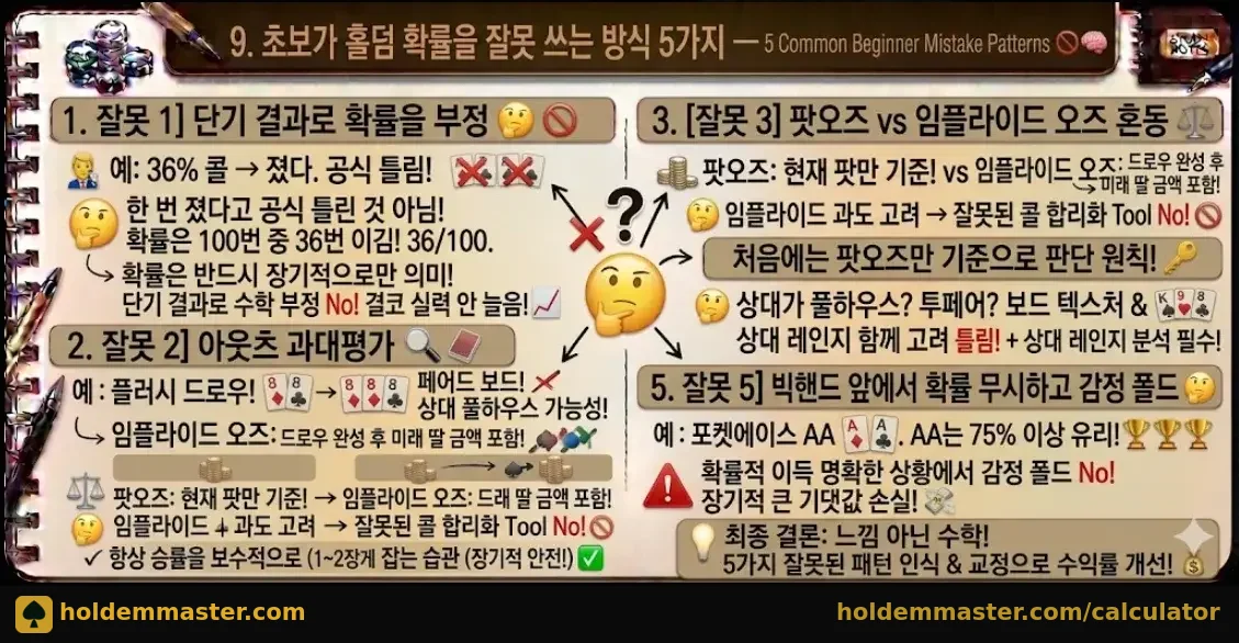 초보가 홀덤 확률을 잘못 쓰는 방식 5가지 — 단기 결과 부정·아웃츠 과대평가·임플라이드 오즈 혼동 인포그래픽
